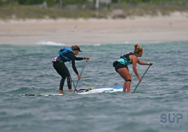 Annabel Anderson and Fiona Wylde with an early lead on Saturday (photo: Chris McQuiston for SUP Racer)
