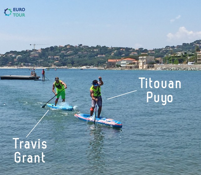 Travis Grant and Titouan Puyo stand up paddling