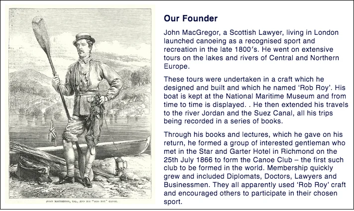 Old drawing of a man next to a canoe and paddle next to a written description of John MacGregor, founder of Royal Canoe Club