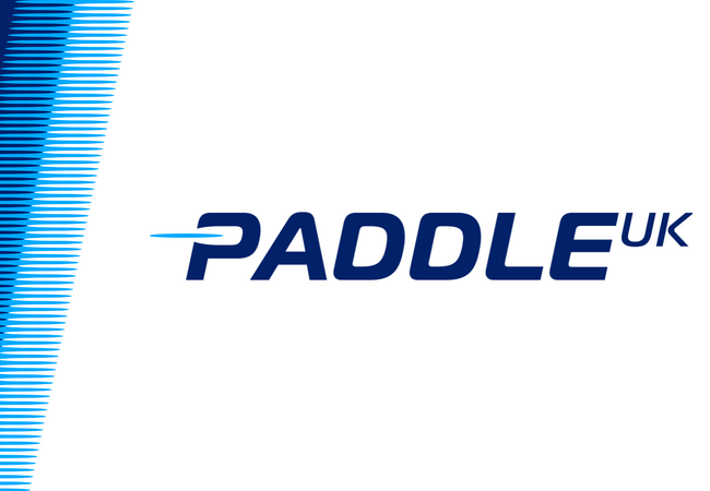 Paddle UK's new logo, blue lines on the side and the 'P' in 'Paddle' looks like a paddle